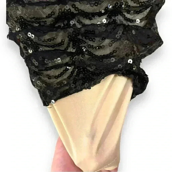 Body Central Size Large Black Lace and Sequin Over Nude Keyhole Back Mini Dress - Picture 13 of 16